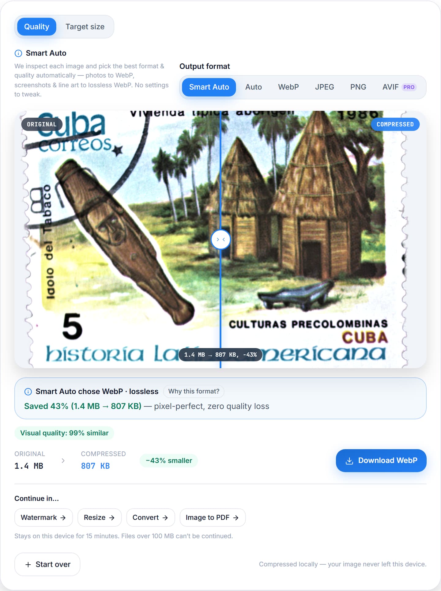 The same compress tool on a scanned postage stamp, choosing lossless WebP and explaining that flat colours with transparency keep every edge crisp