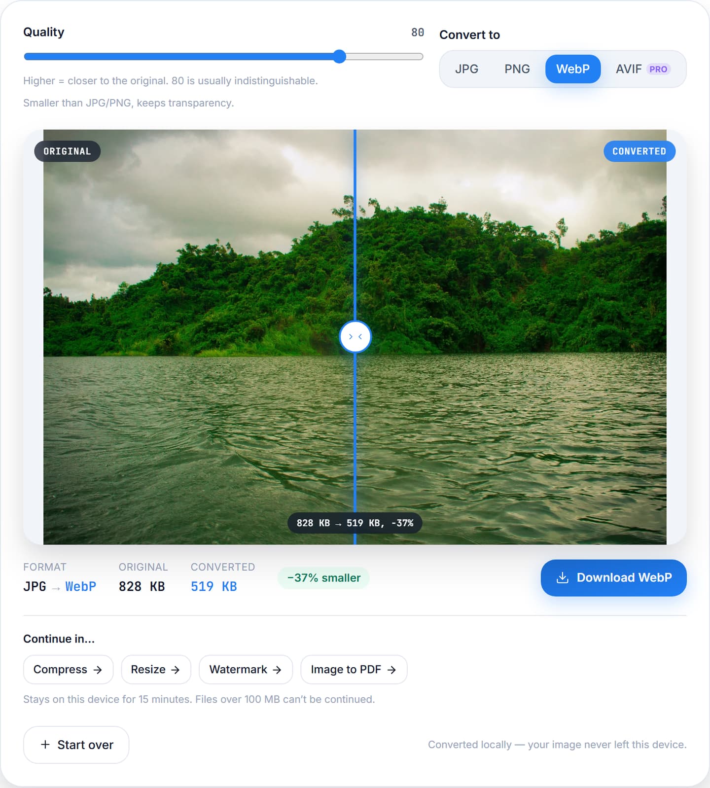 The OpusImg convert tool with a photograph loaded and JPEG, PNG, WebP and AVIF offered as output formats