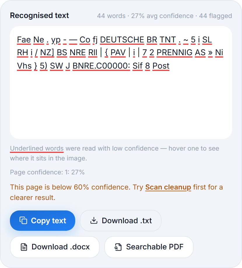 The OpusImg OCR tool reading an engraved postage stamp, recovering the words DEUTSCHE and Post while reporting 27 percent average confidence and underlining 44 low-confidence words