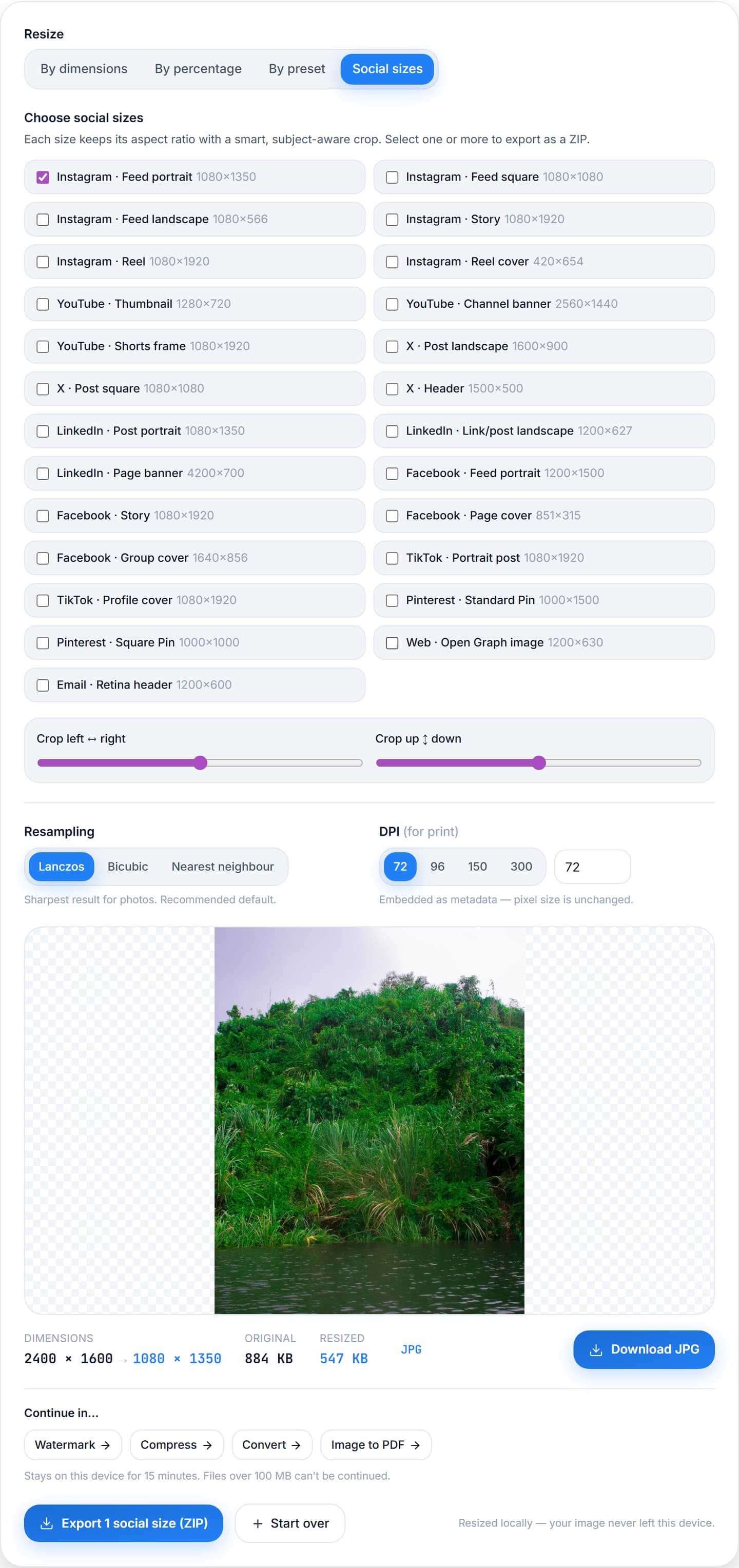 The OpusImg social resize tool with a landscape photograph loaded and per-platform size presets listed for Instagram, YouTube, X, LinkedIn, Facebook, TikTok and Pinterest