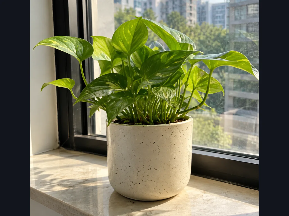 A potted pothos plant on a sunny windowsill — original