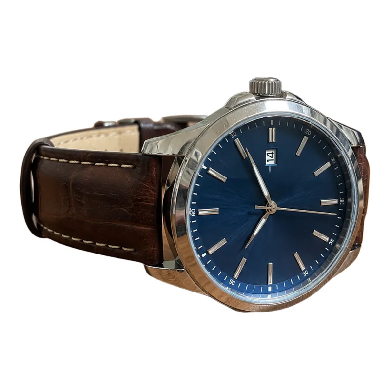 A steel wristwatch with a blue dial and brown leather strap — finished Amazon main image
